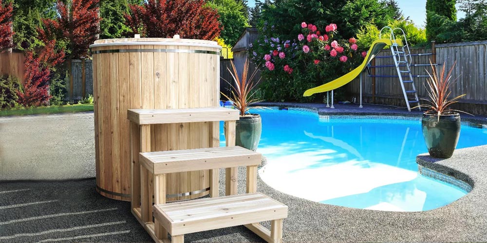 Dundalk cedar cold plunge beside a backyard pool