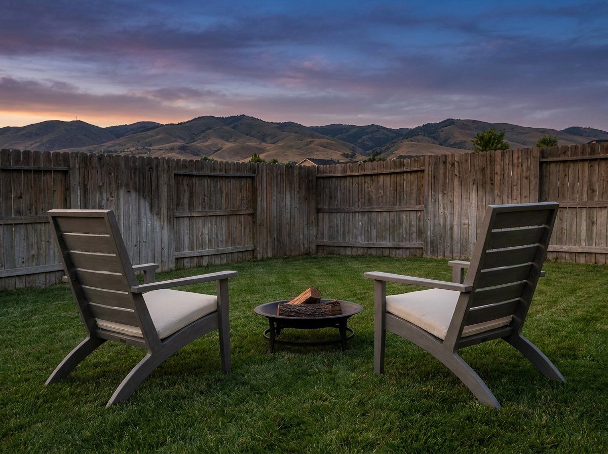 Adirondack chairs around a backyard fire pit