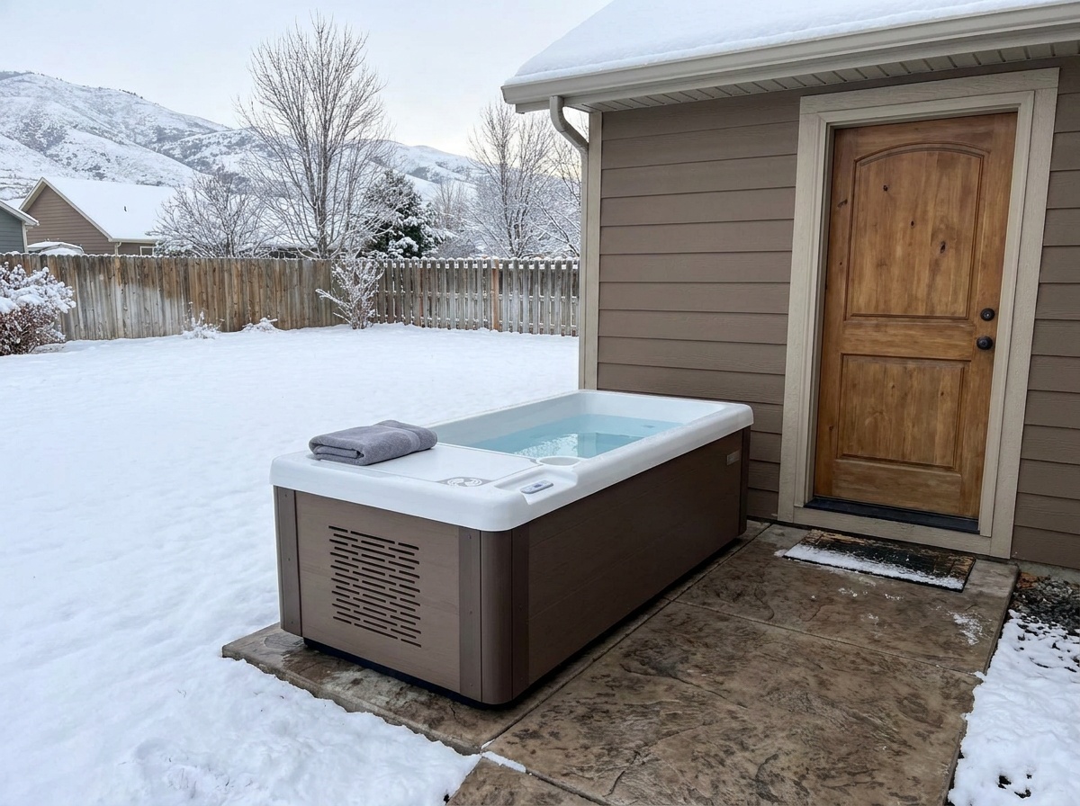 Vigor cold plunge by the back door in winter